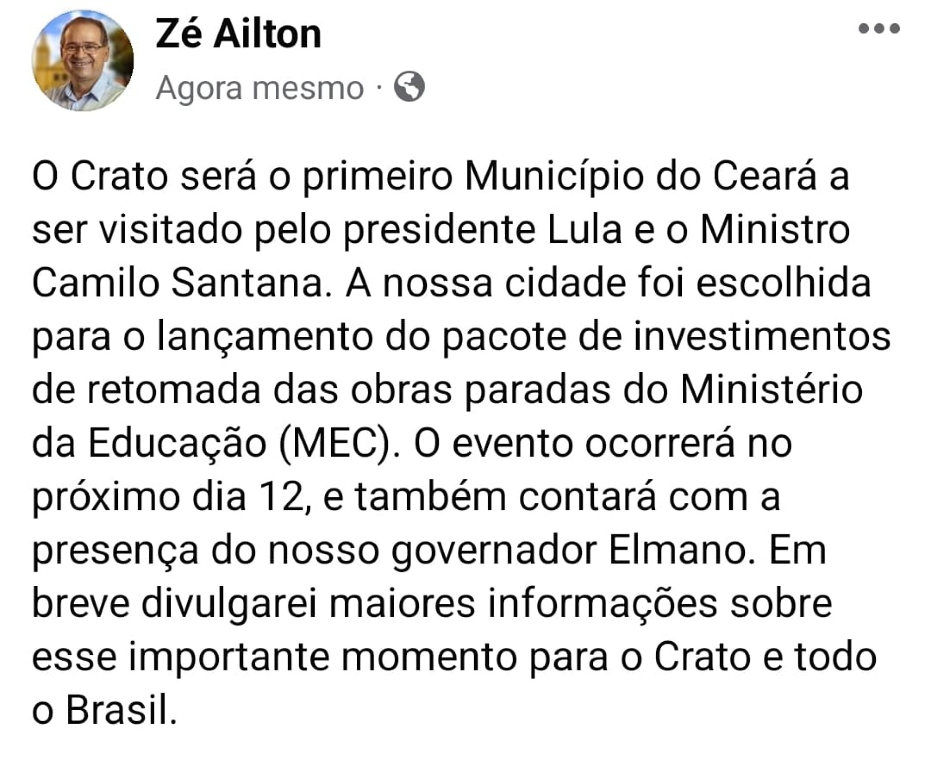 Prefeito do Crato comentou sobre vindo do presidente ao município 