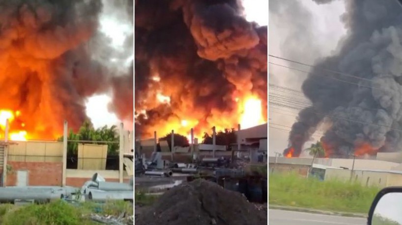 Incêndio atinge fábrica de lingerie em Maracanaú; imagens mostram uma nuvem de fumaça e chamas
