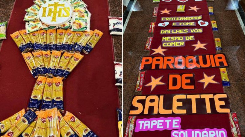 Integrantes da Par&oacute;quia Nossa Senhora da Salette montaram tapete solid&aacute;rio com alimentos a serem doados