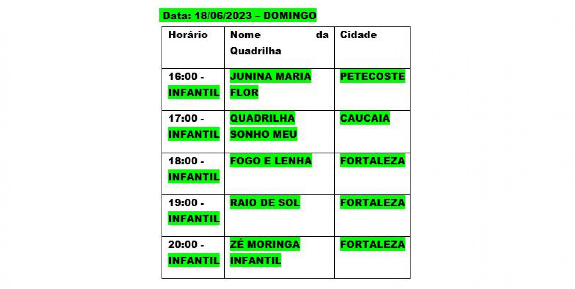 Programação de domingo, 18/6