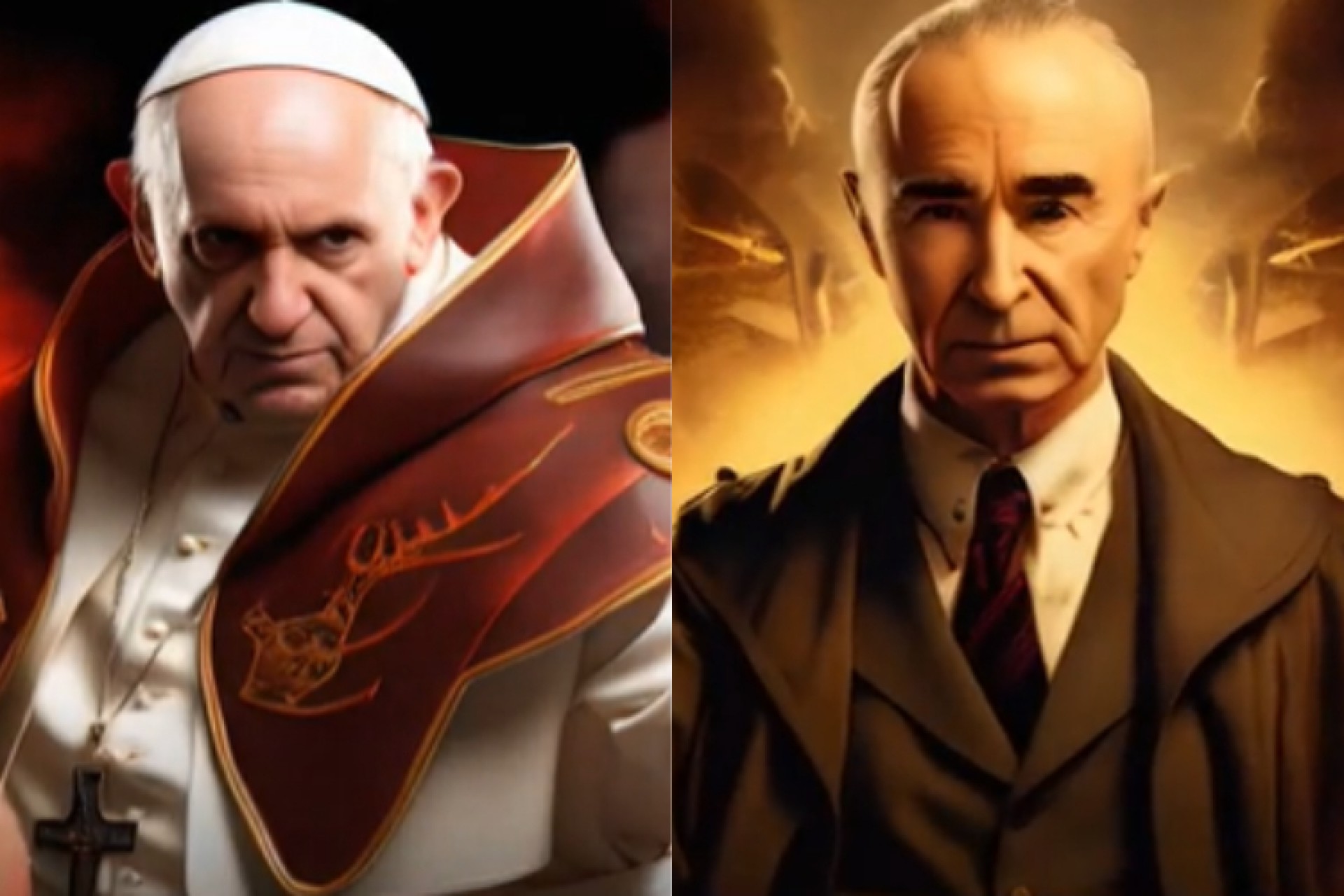 Papa Francisco e Robert Oppenheimer em simulação com inteligência artificial de Mortal Kombat com figuras públicas reais