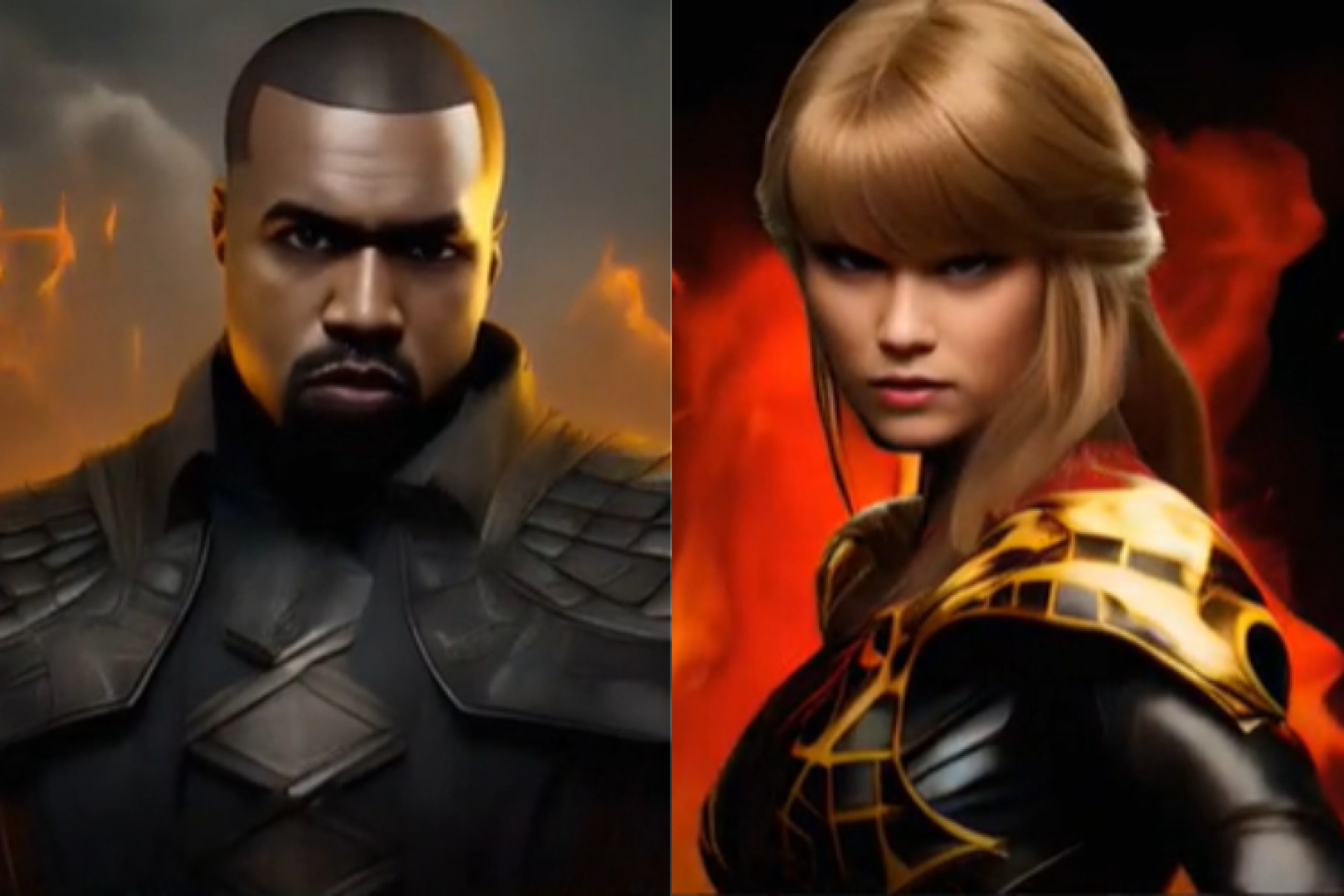 Cantores Ye, ou Kanye West, e Taylor Swift em simulação com inteligência artificial de Mortal Kombat com figuras públicas reais