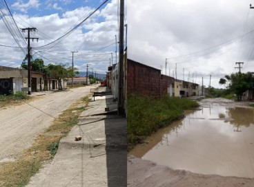 Na imagem à esquerda, a rua Maria Alves nos dias de hoje, ainda sem asfalto. No lado direito está uma foto feita cinco anos atrás, durante o período de chuvas 