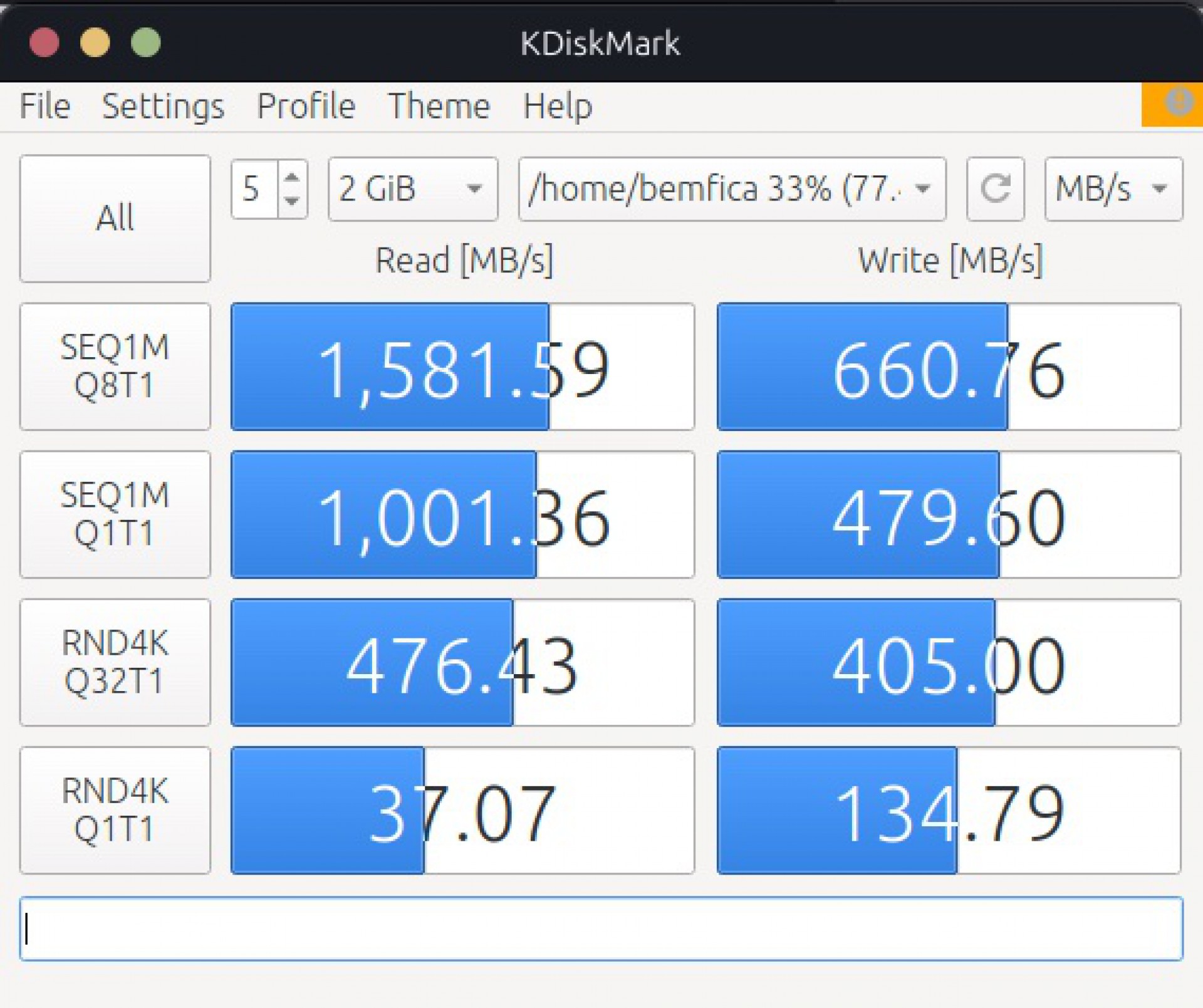Performance do Acer Nitro 5 AN-515-54 no KDiskMark (versão do CrystalDiskMark para Linux)