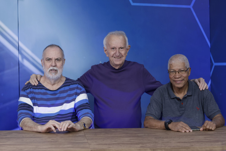 S&eacute;rgio Ponte, Alan Neto e Jota Lacerda e Alan Neto no novo est&uacute;dio do Trem Bala, do O POVO