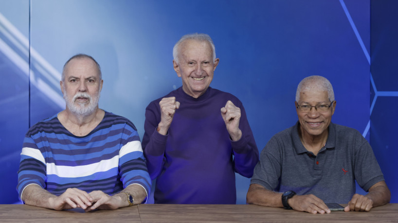 Sérgio Ponte, Alan Neto e Jota Lacerda e Alan Neto no novo estúdio do Trem Bala, do O POVO