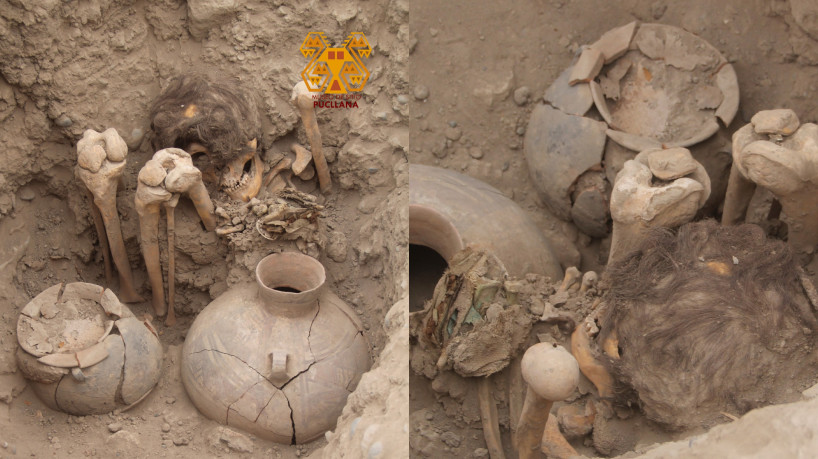 Além da múmia, foram encontrados um tipo de bolsa de tecido com peças de metal verde e vasos de argila