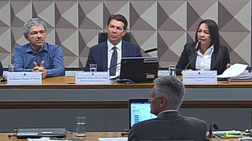 Wellington Macedo, o presidente da CPMI, Arthur Maia, e a relatora, Eliziane Gama