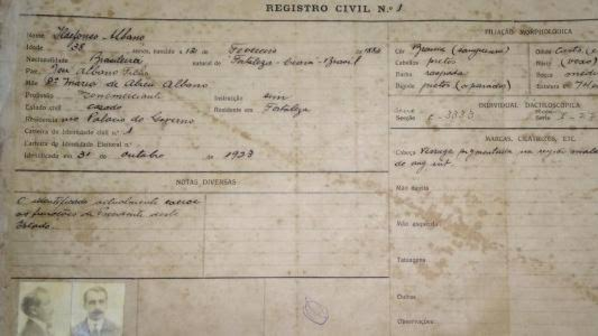 Centenário da primeira identificação civil realizada no Ceará.