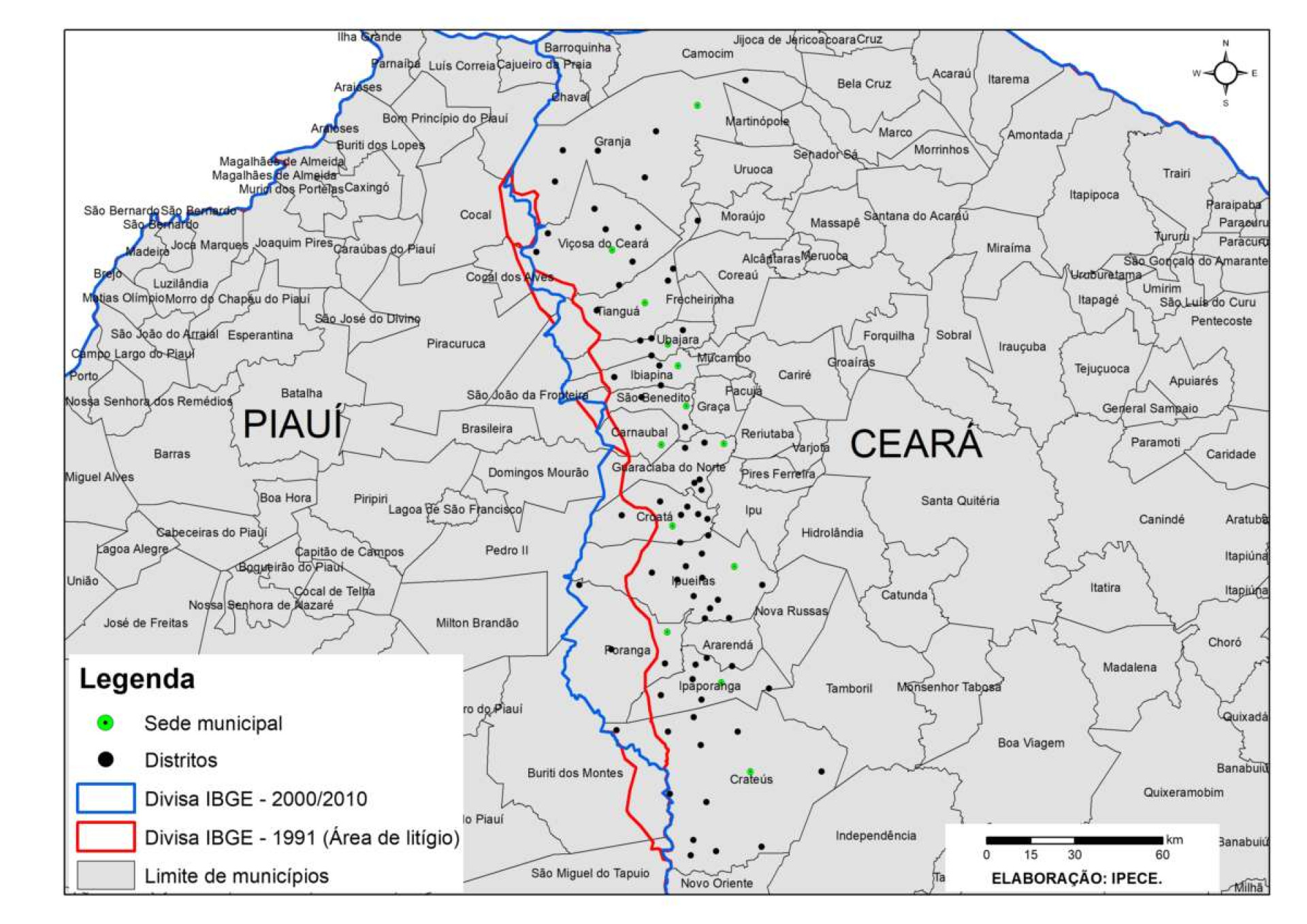 Mapa entre o Ceará e o Piauí, com linhas de delimitação do campo do litígio e o que é estabelecido atualmente 
