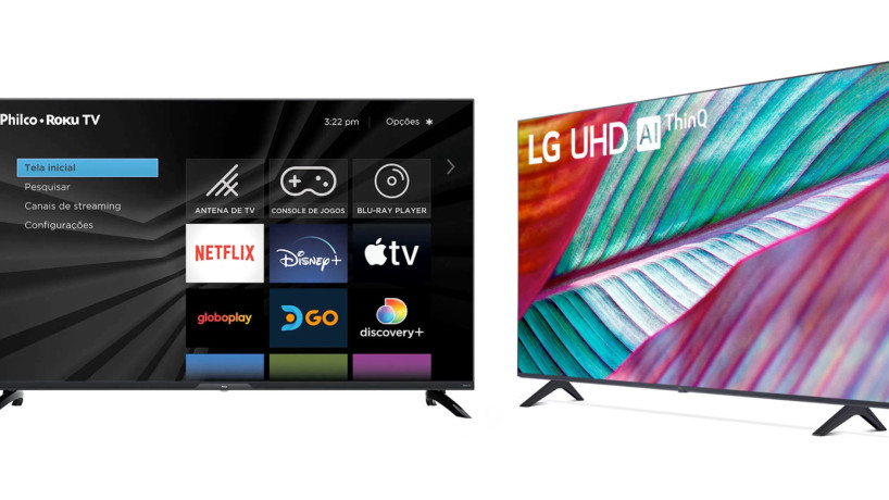 PTV43G7ER2CPBL, da Philco (esq.), e UR7800, da LG (dir.), s&atilde;o dois dos modelos de TV que competem com a Crystal UHD CU7700, da Samsung