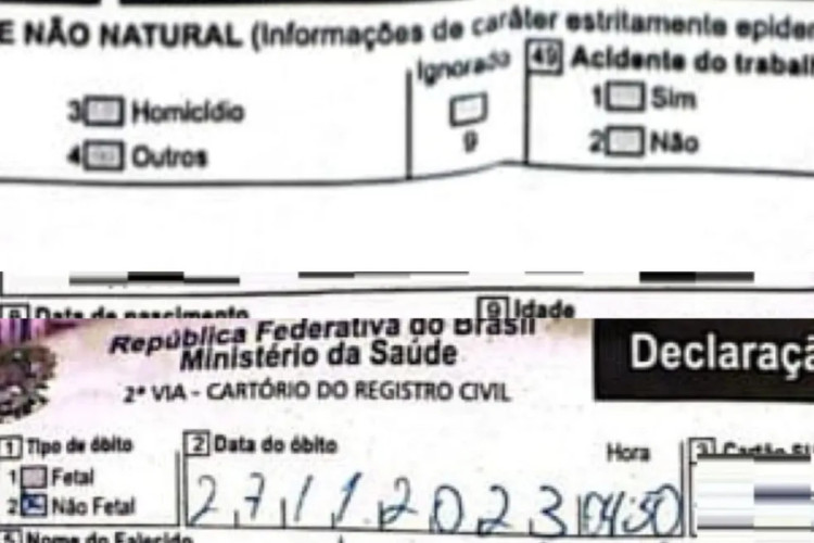 Atestado de óbito da idosa que foi encontrada respirando em um saco de necrotério, em Santa Catarina