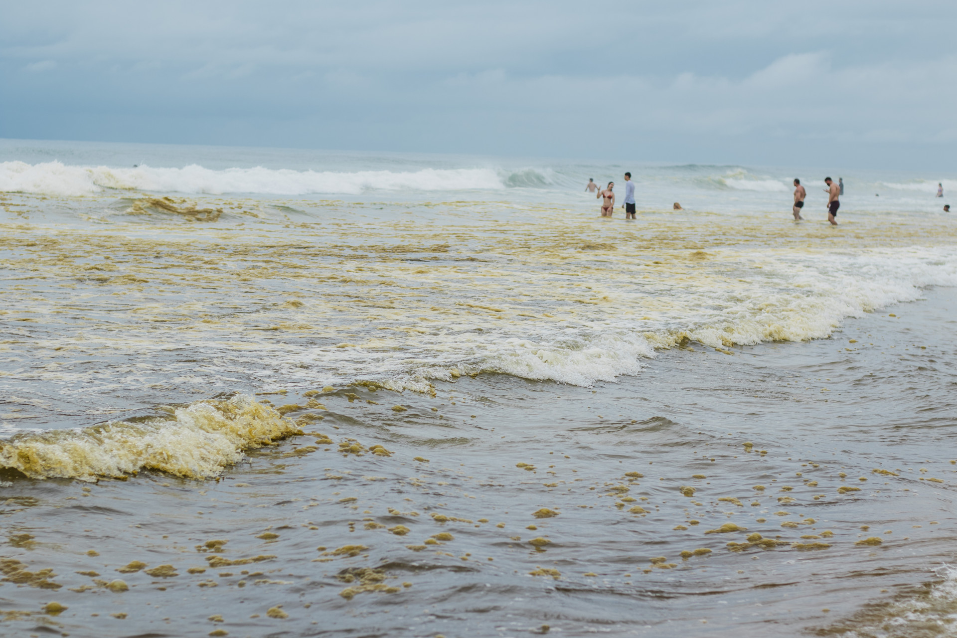 Na foto, banhistas visitam a Praia do Futuro e dão um mergulho, mesmo com o mar apresentando outra tonalidade 