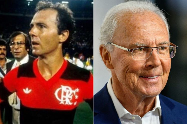 Beckenbauer posou com a camisa do Flamengo em 1982. 