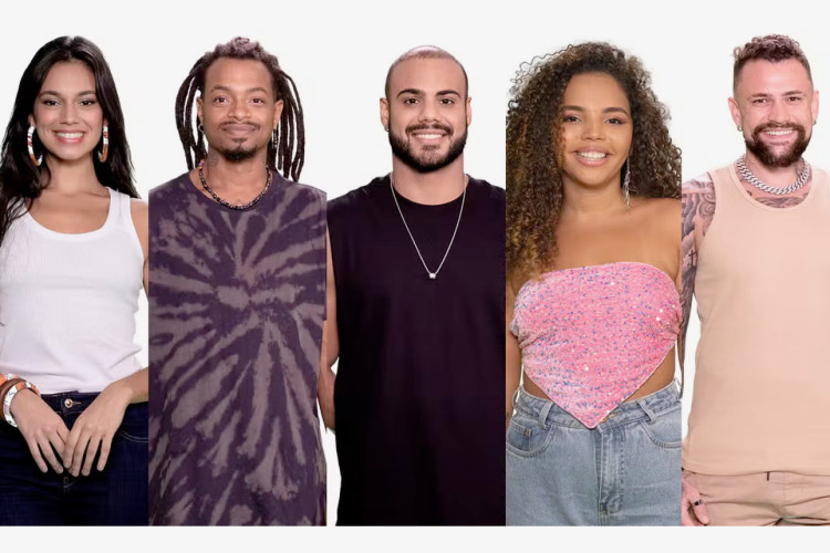 Alane, Luigi, Marcus, Pitel e Vinicius estão no quinto paredão do Big Brother Brasil 2024 (BBB 24). Vote na enquete O POVO em quem você acha que deve ficar no programa 