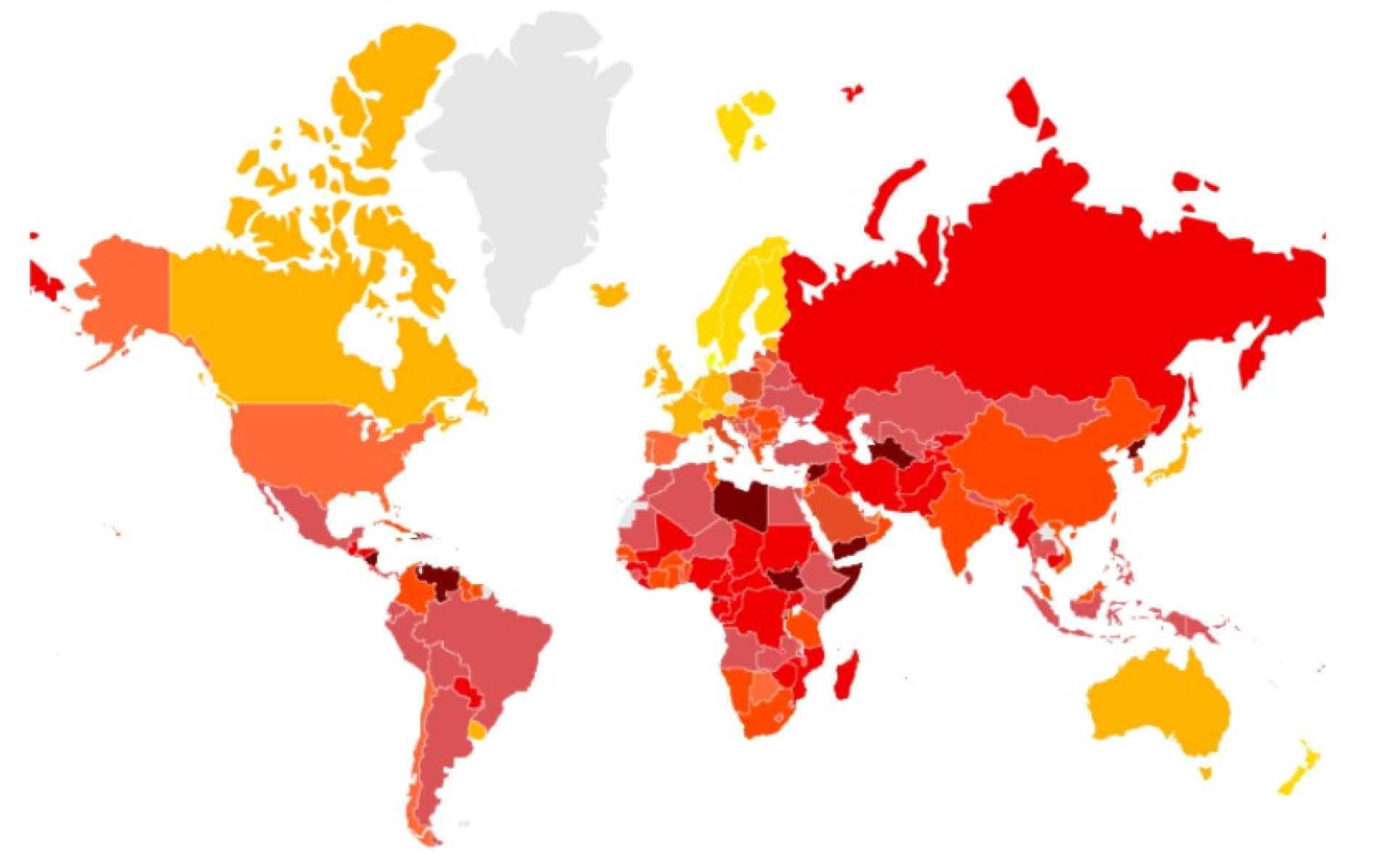 Quanto melhor a posição no ranking, menos o país é considerado corrupto e aparecem em tons mais claros no mapa 