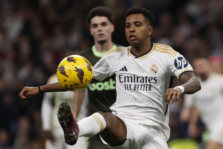 Atacante Rodrygo no jogo Real Madrid x Girona, no Santiago Bernabéu, pelo Campeonato Espanhol