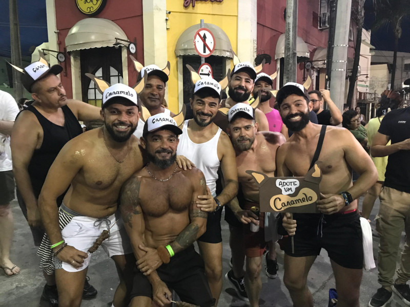 Grupo de amigos resolveram escolher a fantasia do famoso "cachorro caramelo"