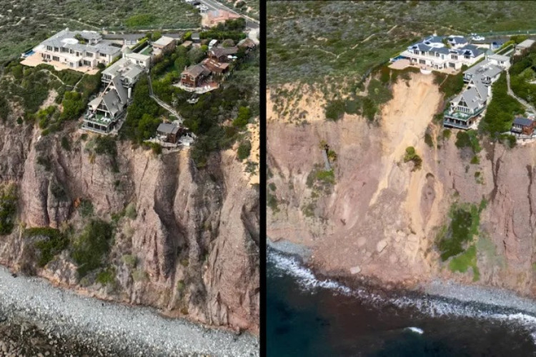 Casas no topo de um penhasco ficam próximas de um deslizamento de terra em Dana Point, Califórnia 
