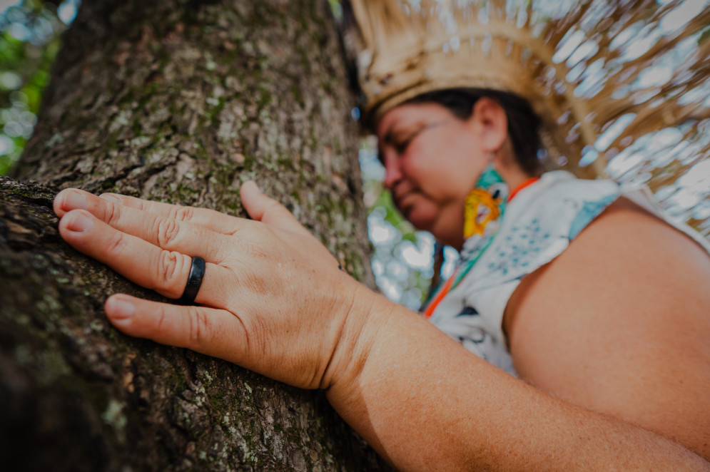 Áurea Anacé, liderança e uma das representantes do povo Anacé, em Caucaia. A árvore da foto, se encontra em meio à sua terra, ao redor da árvore sagrada de seu povo, onde acontecem os rituais do povo (Foto: FERNANDA BARROS)