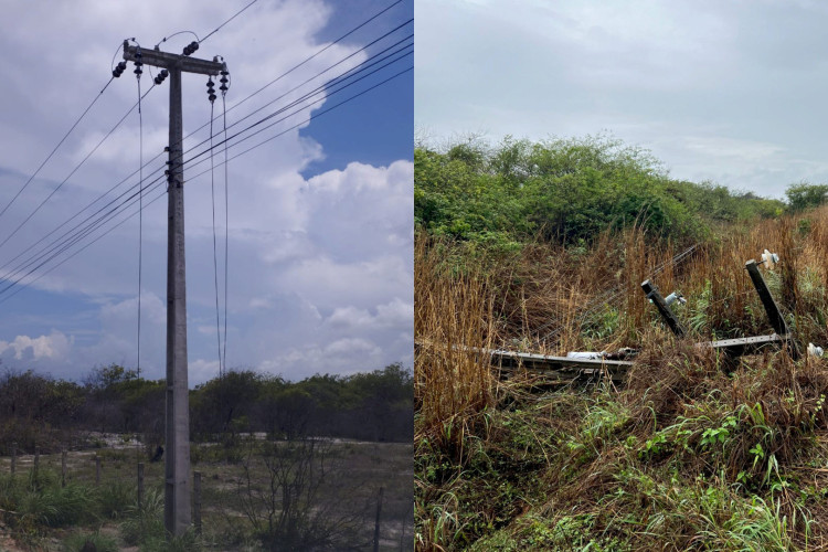Postes de energia elétrica com estragos após furto de fios nas cidades de Beberibe e Fortim