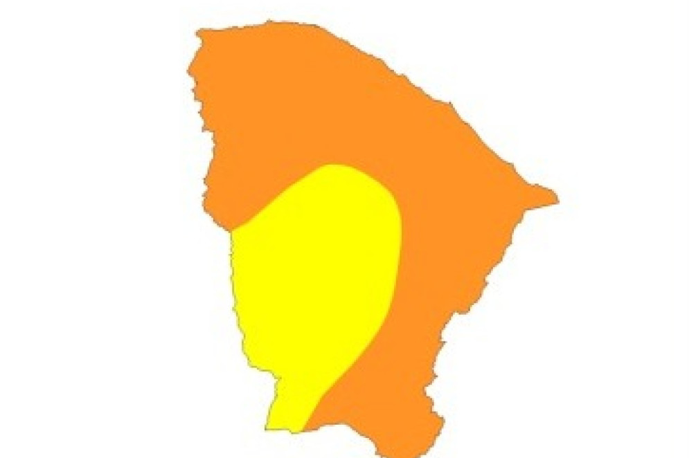 Veja o mapa do aviso de chuvas emitido pela Fundação Cearense de Meteorologia e Recursos Hídricos