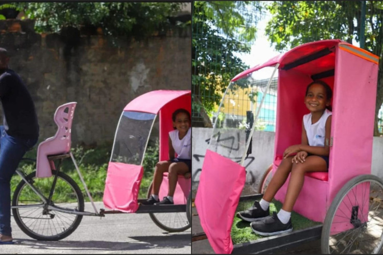 Rodrigo da Silva Lima é designer gráfico e pai de Eloah. Ele criou uma carruagem para acoplar à bicicleta e levar a filha à escola no Rio de Janeiro 
