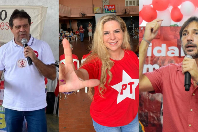 Os pré-candidatos do PT, Evandro Leitão, Luizianne Lins e Guilherme Sampaio se movimentando perto do encontro municipal que definirá o nome