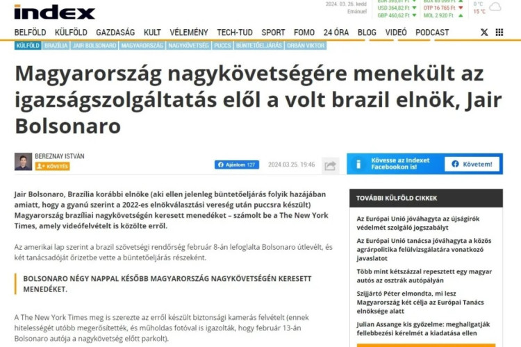 Hospedagem de Bolsonaro em embaixada repercute em jornais na Hungria: 