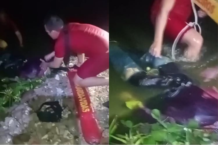 Boneco foi retirado da água pelos bombeiros. "Resgate" chamou a atenção nas redes sociais e dividiu a opinião dos usuários