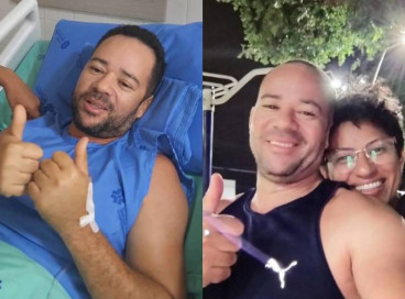 Registros de Regilânio hospitalizado após o acidente, em agosto último, e ao lado da esposa, em fevereiro deste ano 