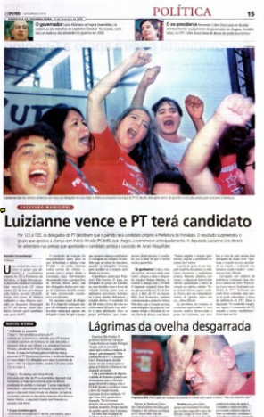 Página de Política do O POVO, em  16 de fevereiro de 2004, com a notícia do resultado que assegurou a candidatura própria no PT(Foto: Acervo O POVO)