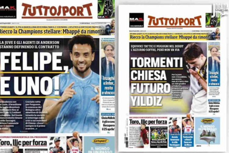 'Tuttosport' publicou que Felipe Anderson ia para a Juventus, mas jornal precisou alterar sua capa após anúncio do Palmeiras