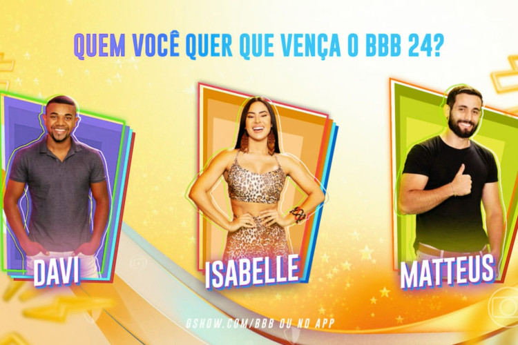 Davi, Isabelle e Matteus disputam a final do Big Brother Brasil 2024, que ocorre na próxima terça-feira, 16 de abril (16/04); vote na enquete O POVO em quem você quer que vença o reality