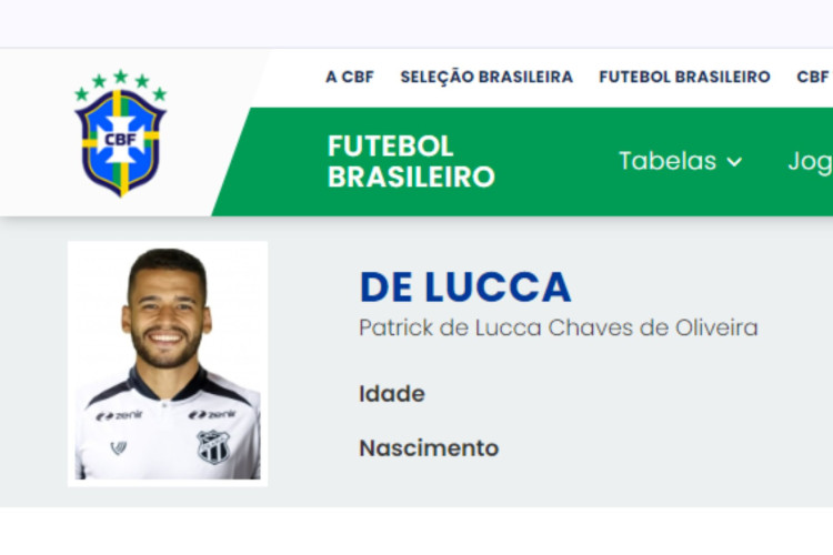 No site oficial da CBF, Patrick de Lucca já aparece com a camisa do Ceará
 