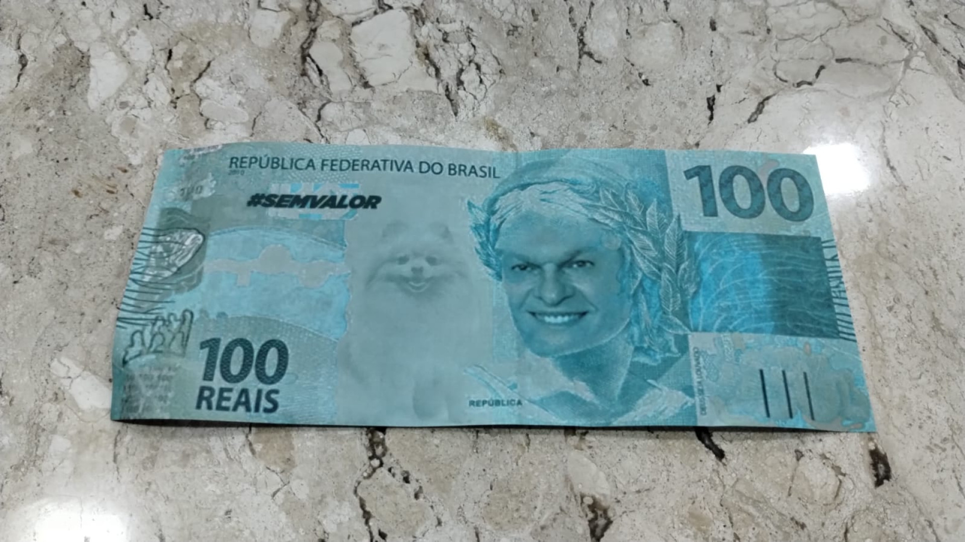 Cédulas falsas de dinheiro impressas com o rosto do prefeito José Sarto (PDT) e da cadela Marrion, mascote na campanha de 2020 