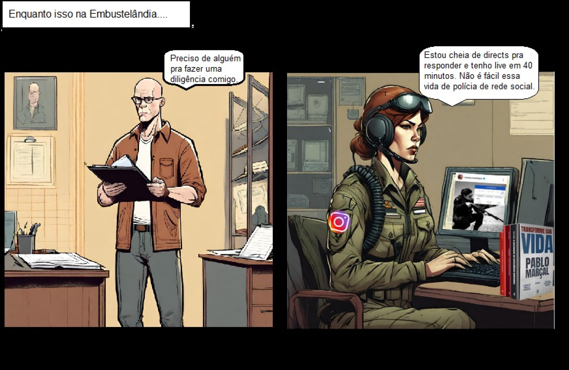 Em um dos quadrinhos, uma policial se nega a sair em diligência por quem te cuidar das redes sociais da PF (Foto: REPRODUÇÃO)