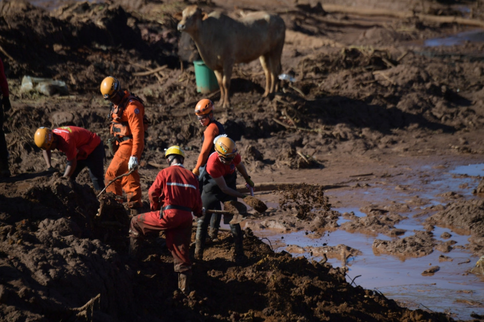 Socorristas usam tapumes para dar estabilidade ao terreno e se arrastam no meio do lamaçal de rejeitos em Brumadinho (MG)(Foto: Mauro Pimentel/AFP)