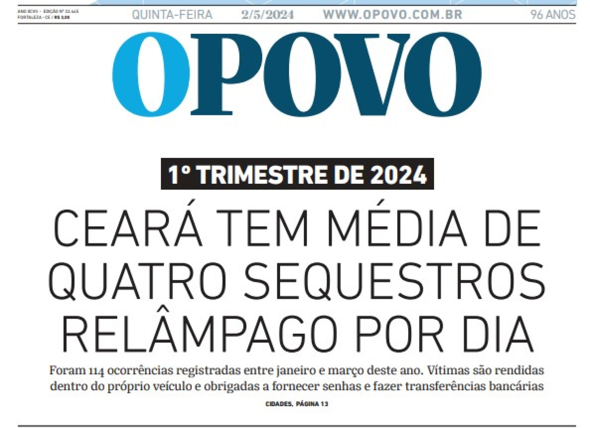 Imagem da capa do O POVO do dia 2 de maio de 2024  (Foto: Reprodução)
