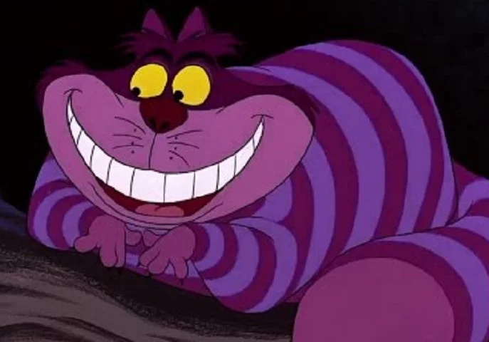 Personagem: Gato de Cheshire - Filme: Alice no País das Maravilhas - Seu sorriso é um dos mais famosos dos desenhos animados e seu jeito enigmático fez com que o Gato de Cheshire fosse referência em um universo repleto de seres fantasiosos e mirabolantes.