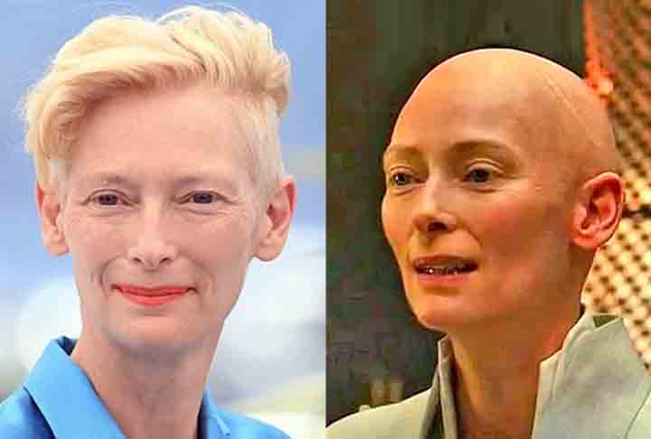 Tilda Swinton-  A atriz Interpretou a Anciã no filme Doutor Estranho(2016). Era uma mentora mística no universo Marvel. A atriz guardou a transformação para o filme a sete chaves: Seria divertido se não soubessem de nada disse.