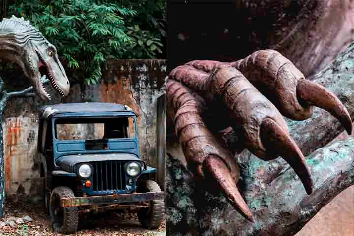 No parque, há 40 dinossauros em tamanho real, divididos entre estáticos e móveis. Aqueles que se movimentam reproduzem os gestos que esses gigantes faziam quando dominavam a Terra há milhares de anos.