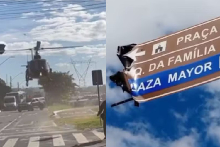Helicóptero da Polícia Militar bate em placa de trânsito durante pouso em Aparecida de Goiânia