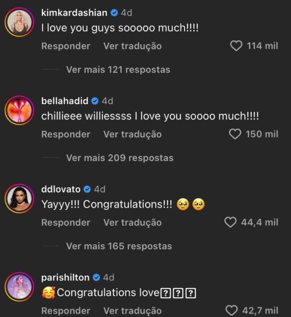 Diversos famosos também deram os parabéns, como Kendall Jenner, Kim Kardashian, Demi Lovato e Vanessa Hudgens.