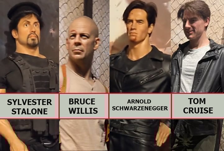 Aqui uma enxurrada de estátuas inspiradas em grandes nomes do cinema de ação. Cá entre nós, o Stallone não parece esses bonecos que quebram fácil? E esse cabelo espigado do Tom Cruise? Fãs...hora de protesto. Bruce Willis tá assim, assim... Mas o Schwarze