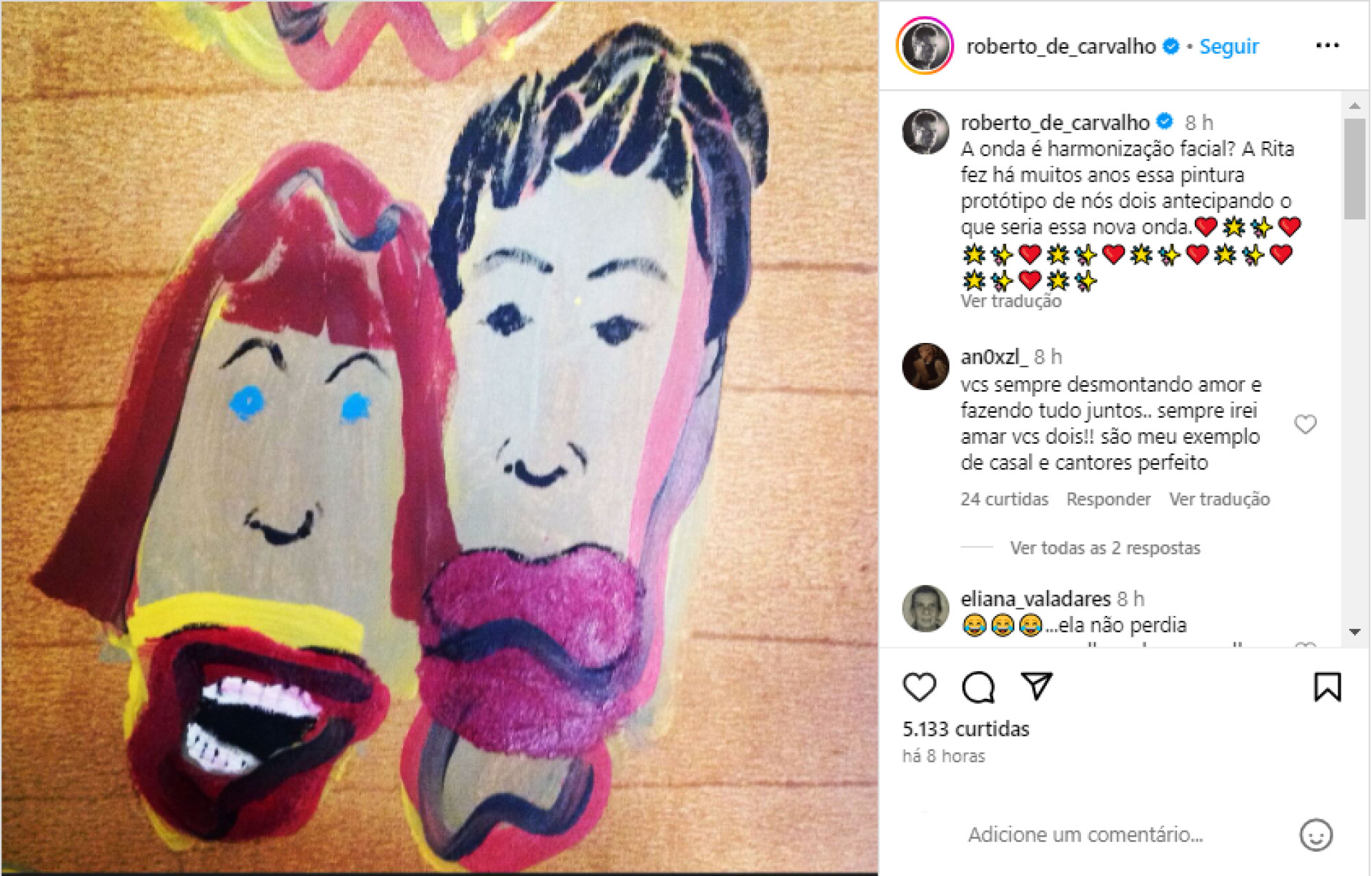 Roberto de Carvalho compartilhou em suas redes sociais pintura que Rita Lee havia feito dos rostos casal e brinca: ‘Harmonização facial’ 