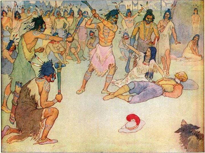 A história, contada pelo capitão Smith, diz que Pocahontas intercedeu e impediu sua execução, mas muitos historiadores questionam a veracidade desse relato.