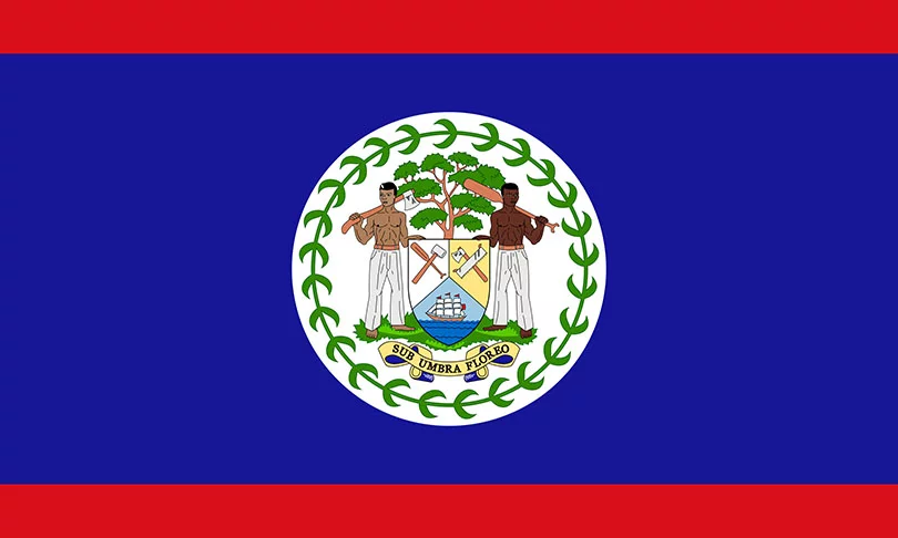A bandeira do Belize é a única que retrata pessoas. Mostra dois homens segurando o brasão nacional. 