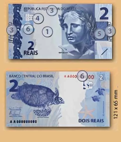 O primeiro passo é ver a marca d'água na nota. É necessário colocar a cédula contra a luz e ver, na área clara, a figura do animal e o número do valor da nota, em tons que variam do claro ao escuro.