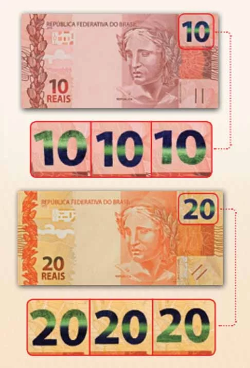 Além disso, apenas nas notas de 10 e 20 reais, é necessário ver que o número muda de cor do azul para o verde e uma faixa brilhante parece rolar pelo número.